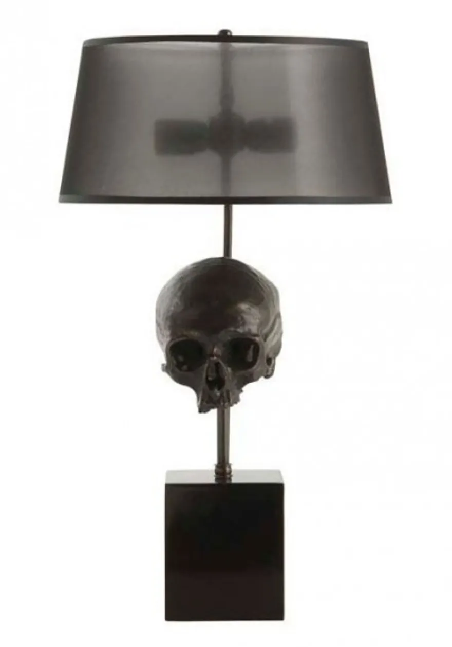 Casa Padrino Luxus Tischleuchte im Antik Messing Design mit Totenkopf Elementen in Schwarz 13 x 35 x H 60-77 cm