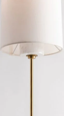 Casa Padrino Luxus Tischleuchte Antik Messing / Weiß Ø 15,9 x H. 55,9 cm - Moderne runde Tischlampe mit Lampenschirm aus Kunstseide und Marmorsockel