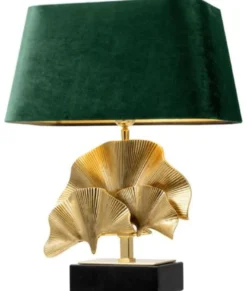 Casa Padrino Luxus Tischleuchte Messingfarben / Schwarz / Grün 41 x 34 x H. 53 cm - Wohnzimmer Tischlampe mit Granitsockel