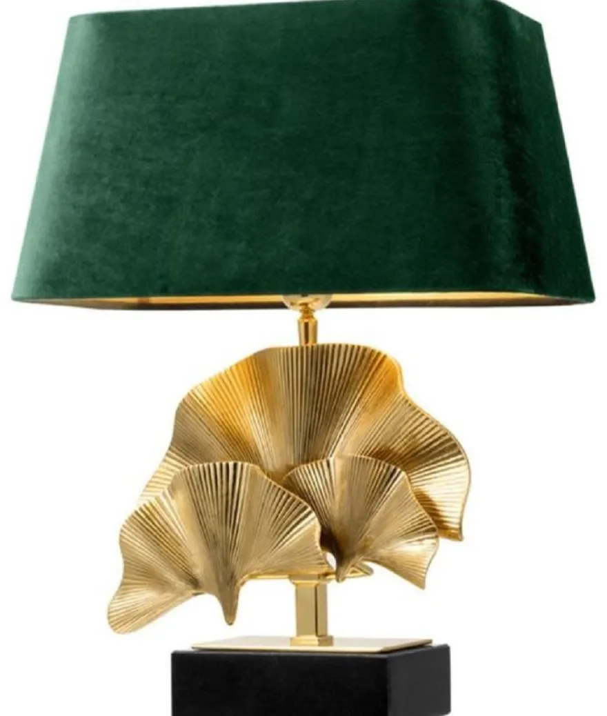 Casa Padrino Luxus Tischleuchte Messingfarben / Schwarz / Grün 41 x 34 x H. 53 cm - Wohnzimmer Tischlampe mit Granitsockel