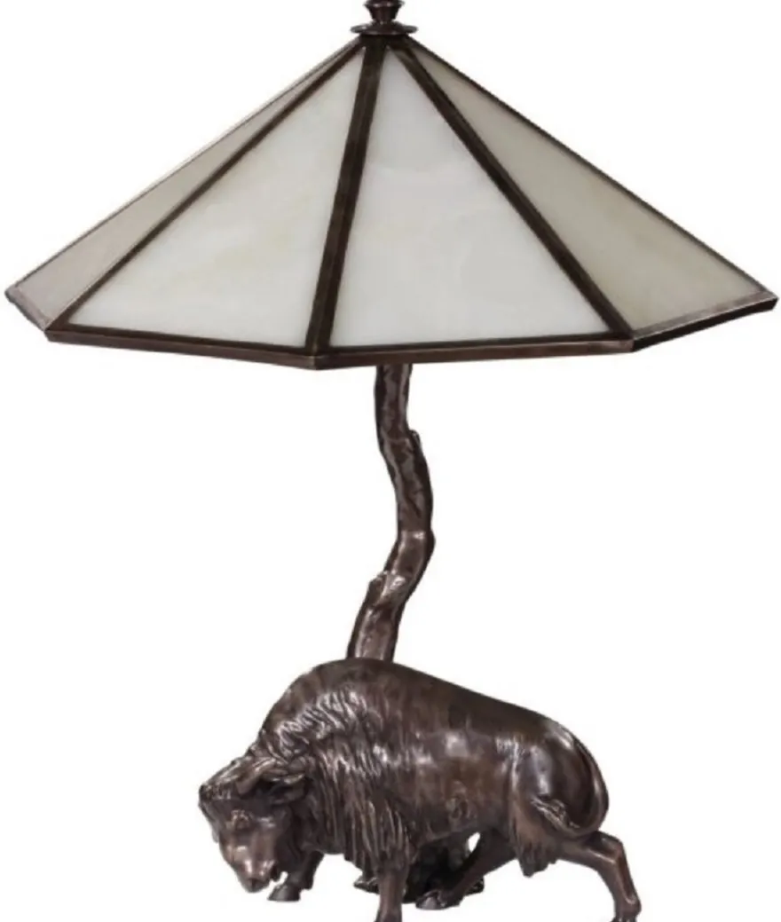 Casa Padrino Luxus Tischleuchte mit Bronzefigur Bison Bronze / Weiß 42 x 42 x H. 50 cm - Luxus Kollektion