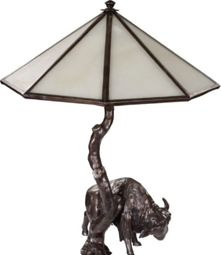 Casa Padrino Luxus Tischleuchte mit Bronzefigur Bison Bronze / Weiß 42 x 42 x H. 50 cm - Luxus Kollektion