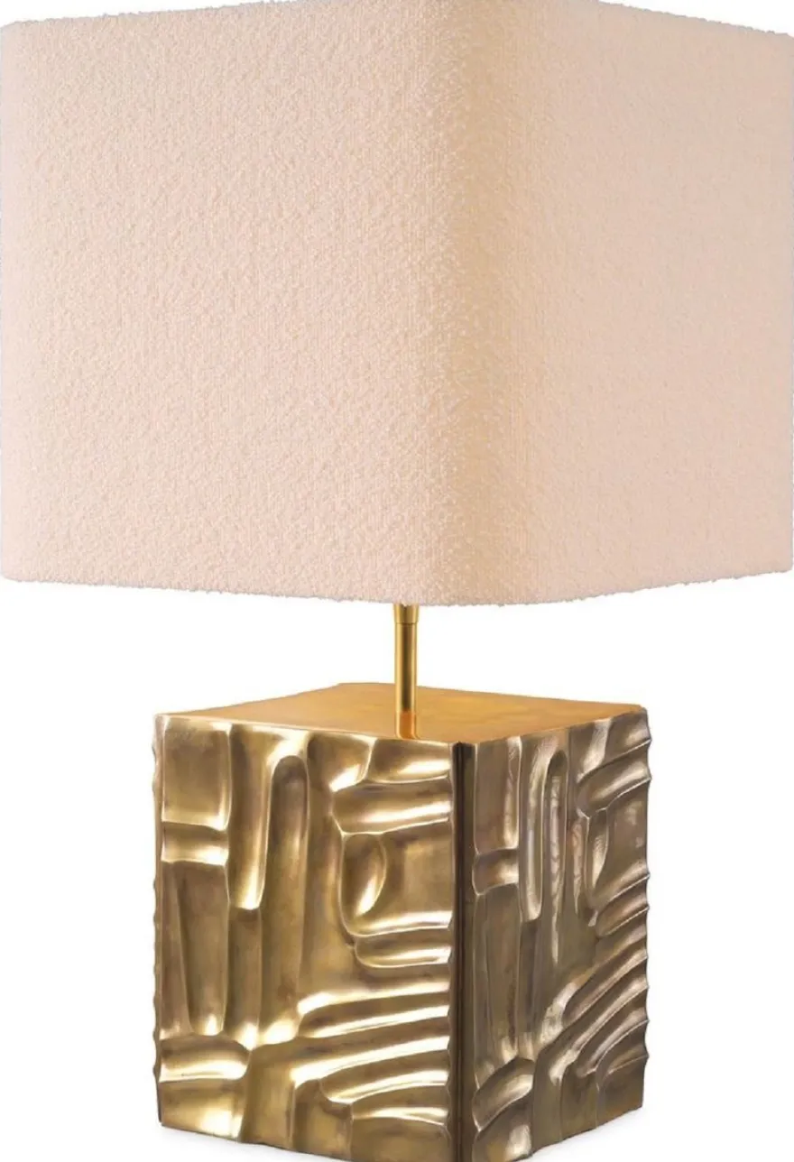 Casa Padrino Luxus Tischleuchte Vintage Messing / Creme 35 x 35 x H. 62 cm - Schreibtischleuchte mit quadratischem Samt Lampenschirm - Luxus Tischleuchten - Luxus Schreibtischleuchten