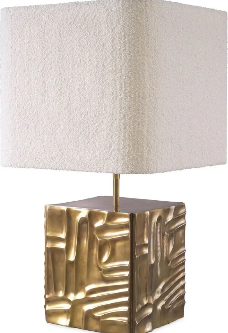 Casa Padrino Luxus Tischleuchte Vintage Messing / Creme 35 x 35 x H. 62 cm - Schreibtischleuchte mit quadratischem Samt Lampenschirm - Luxus Tischleuchten - Luxus Schreibtischleuchten