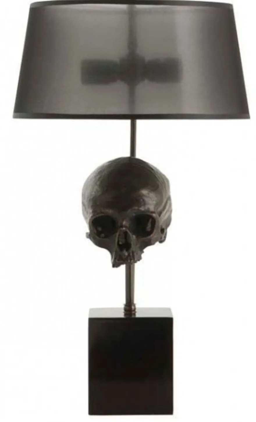 Casa Padrino Luxus Tischleuchte Totenkopf Schwarz / Antik Messing Ø 35 x H. 77 cm - Schreibtschleuchte mit rundem Lampenschirmen - Luxus Leuchten - Luxus Möbel - Luxus Interior
