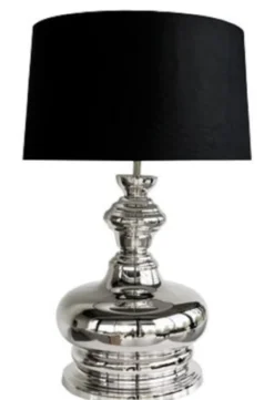 Casa Padrino Luxus Tischleuchte Silber / Schwarz Ø 44 x H. 75 cm - Runde Messing Tischlampe mit Lampenschirm