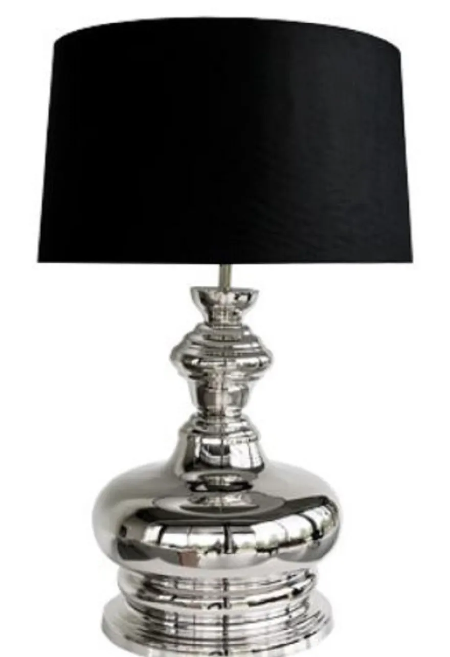 Casa Padrino Luxus Tischleuchte Silber / Schwarz Ø 44 x H. 75 cm - Runde Messing Tischlampe mit Lampenschirm