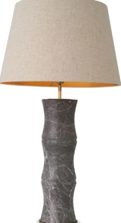 Casa Padrino Luxus Tischleuchte Grau / Antik Messing / Beige Ø 38 x H. 88 cm - Moderne Marmor Schreibtschleuchte in Bambus Optik - Luxus Kollektion