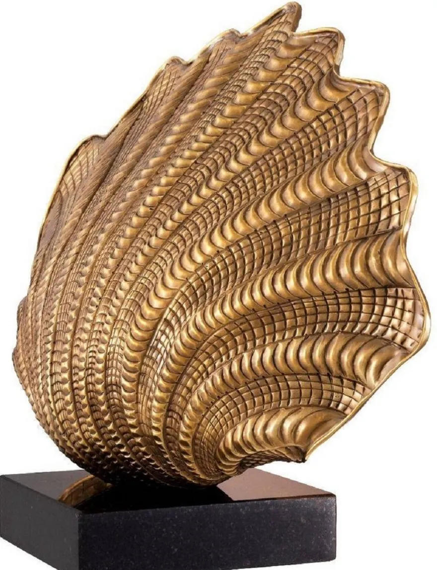 Casa Padrino Luxus Tischleuchte in Muschelform mit Granitsockel Vintage Messing / Schwarz 51 x 16 x H. 33,5 cm - Luxus Qualität