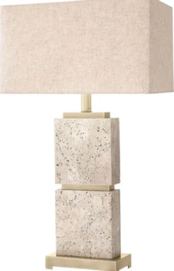 Casa Padrino Luxus Tischleuchte Beige / Antik Messing 40 x 22 x H. 70,5 cm - Travertin Schreibtischleuchte mit rechteckigem Lampenschirm - Luxus Tischleuchten - Luxus Schreibtischleuchten