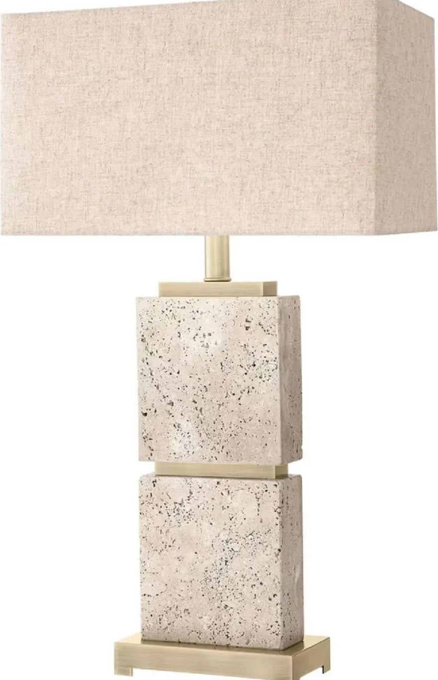 Casa Padrino Luxus Tischleuchte Beige / Antik Messing 40 x 22 x H. 70,5 cm - Travertin Schreibtischleuchte mit rechteckigem Lampenschirm - Luxus Tischleuchten - Luxus Schreibtischleuchten