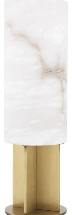 Casa Padrino Luxus Tischleuchte Antik Messing / Alabaster Ø 14 x H. 47 cm - Moderne Tischlampe mit rundem Alabaster Lampenschirm - Luxus Leuchten