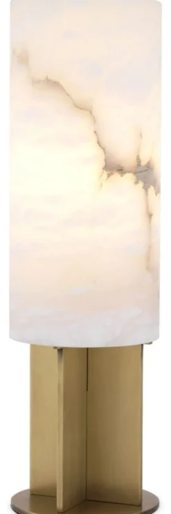Casa Padrino Luxus Tischleuchte Antik Messing / Alabaster Ø 14 x H. 47 cm - Moderne Tischlampe mit rundem Alabaster Lampenschirm - Luxus Leuchten