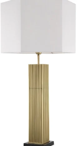 Casa Padrino Luxus Tischleuchte Antik Messingfarben / Schwarz / Weiß 46 x 46 x H. 87 cm - Moderne Schreibtischleuchte mit sechseckigem Lampenschirm - Luxus Qualität
