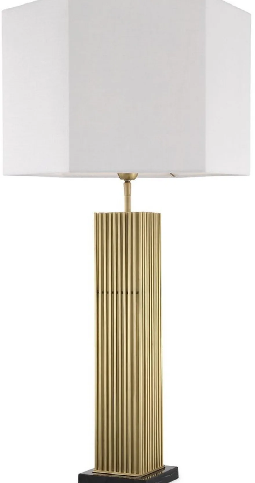 Casa Padrino Luxus Tischleuchte Antik Messingfarben / Schwarz / Weiß 46 x 46 x H. 87 cm - Moderne Schreibtischleuchte mit sechseckigem Lampenschirm - Luxus Qualität