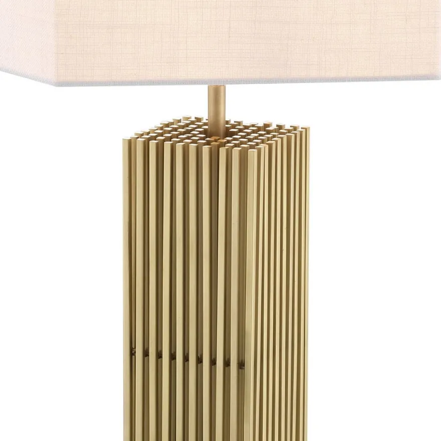 Casa Padrino Luxus Tischleuchte Antik Messingfarben / Schwarz / Weiß 46 x 46 x H. 87 cm - Moderne Schreibtischleuchte mit sechseckigem Lampenschirm - Luxus Qualität