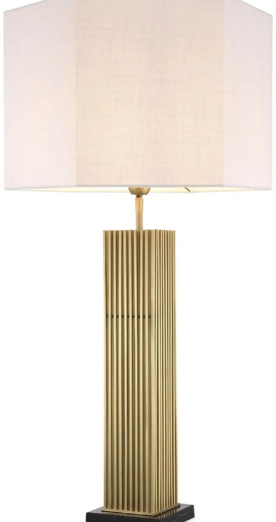 Casa Padrino Luxus Tischleuchte Antik Messingfarben / Schwarz / Weiß 46 x 46 x H. 87 cm - Moderne Schreibtischleuchte mit sechseckigem Lampenschirm - Luxus Qualität