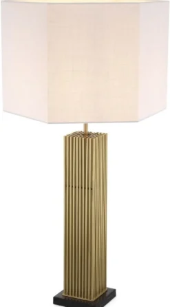 Casa Padrino Luxus Tischleuchte Antik Messingfarben / Schwarz / Weiß 46 x 46 x H. 87 cm - Moderne Schreibtischleuchte mit sechseckigem Lampenschirm - Luxus Qualität