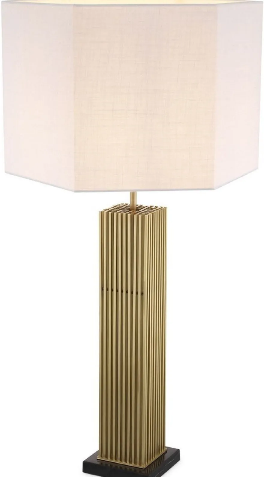 Casa Padrino Luxus Tischleuchte Antik Messingfarben / Schwarz / Weiß 46 x 46 x H. 87 cm - Moderne Schreibtischleuchte mit sechseckigem Lampenschirm - Luxus Qualität