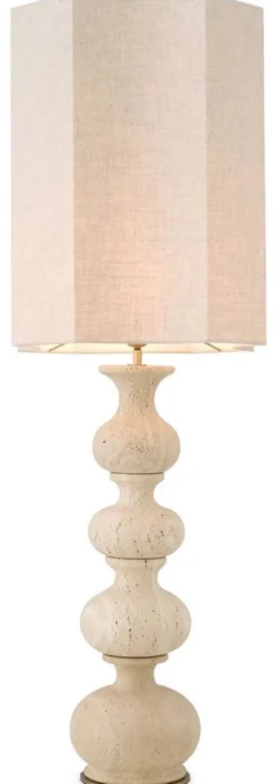 Casa Padrino Luxus Tischleuchte Beige / Antik Messing 40,5 x 40,5 x H. 116,5 cm - Travertin Schreibtischleuchte mit Lampenschirm - Luxus Tischleuchten - Luxus Qualität