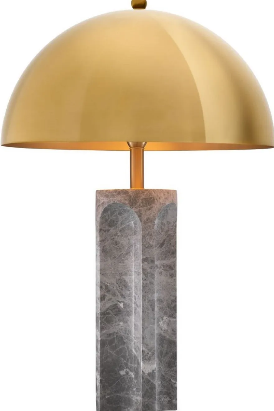 Casa Padrino Luxus Tischleuchte Grau / Antik Messingfarben Ø 50 x H. 76 cm - Moderne Marmor Schreibtischleuchte mit rundem Metall Lampenschirm - Luxus Leuchten