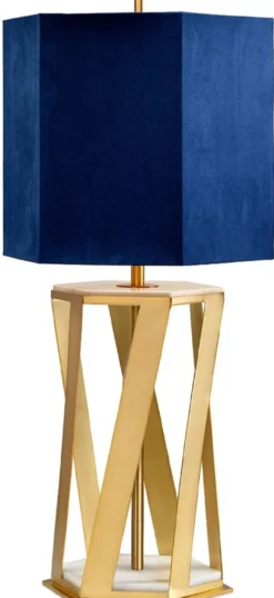 Casa Padrino Luxus Tischleuchte Messingfarben / Weiß / Blau 27,5 x 27,5 x H. 87 cm - Moderne Tischlampe mit Kunstseide Lampenschirm - Luxus Kollektion