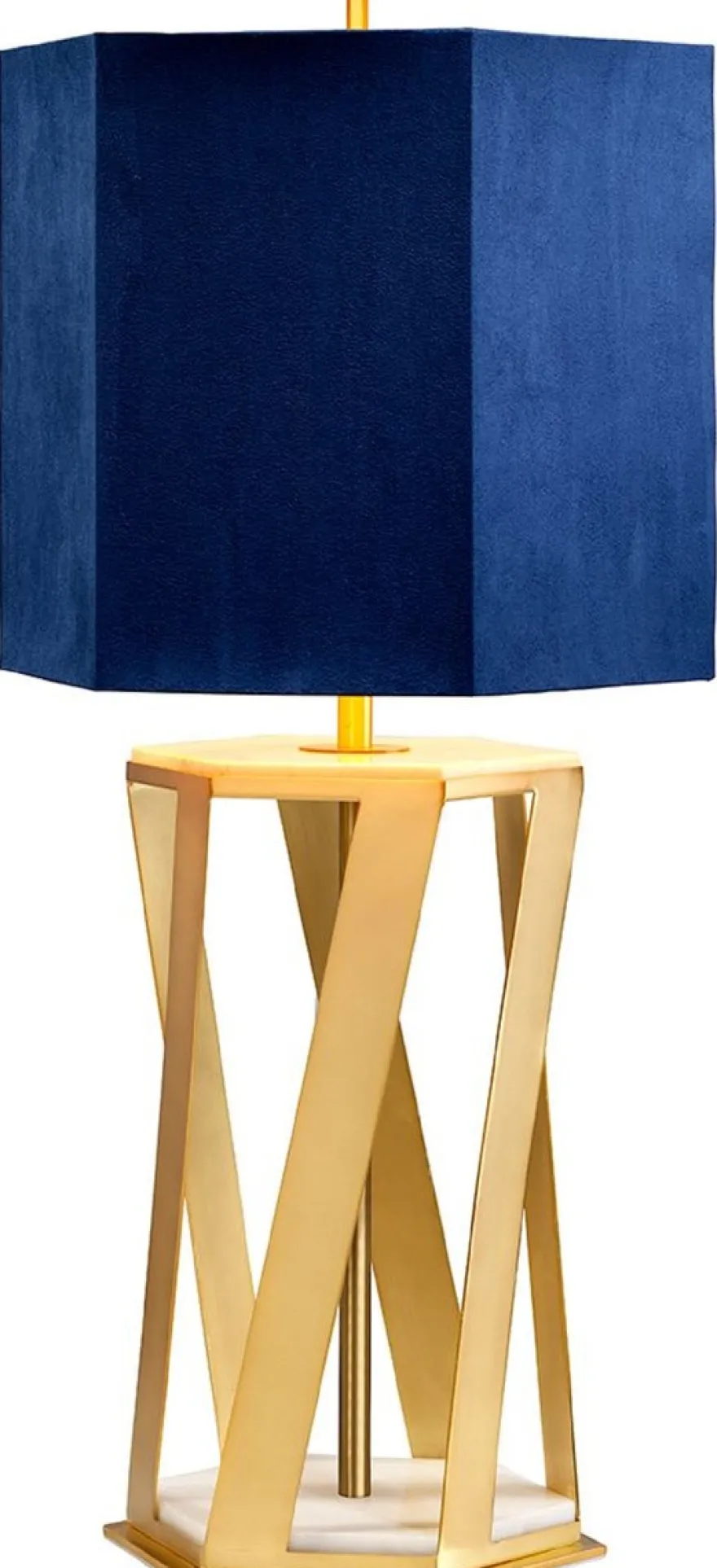 Casa Padrino Luxus Tischleuchte Messingfarben / Weiß / Blau 27,5 x 27,5 x H. 87 cm - Moderne Tischlampe mit Kunstseide Lampenschirm - Luxus Kollektion