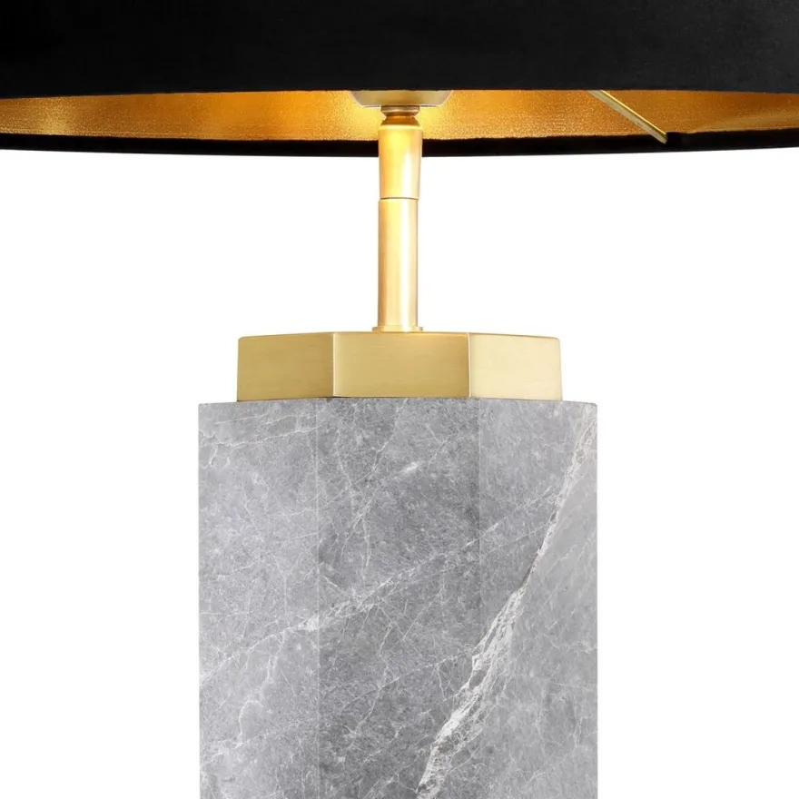 Casa Padrino Luxus Tischleuchte Grau / Antik Messing / Schwarz Ø 40 x H. 75 cm - Marmor Schreibtischleuchte mit rundem Samt Lampenschirm - Luxus Tischleuchten - Luxus Schreibtischleuchten