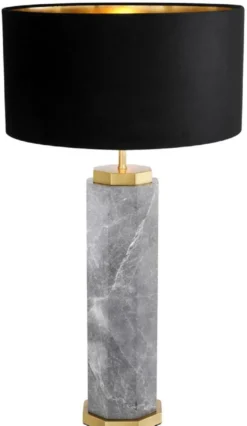 Casa Padrino Luxus Tischleuchte Grau / Antik Messing / Schwarz Ø 40 x H. 75 cm - Marmor Schreibtischleuchte mit rundem Samt Lampenschirm - Luxus Tischleuchten - Luxus Schreibtischleuchten