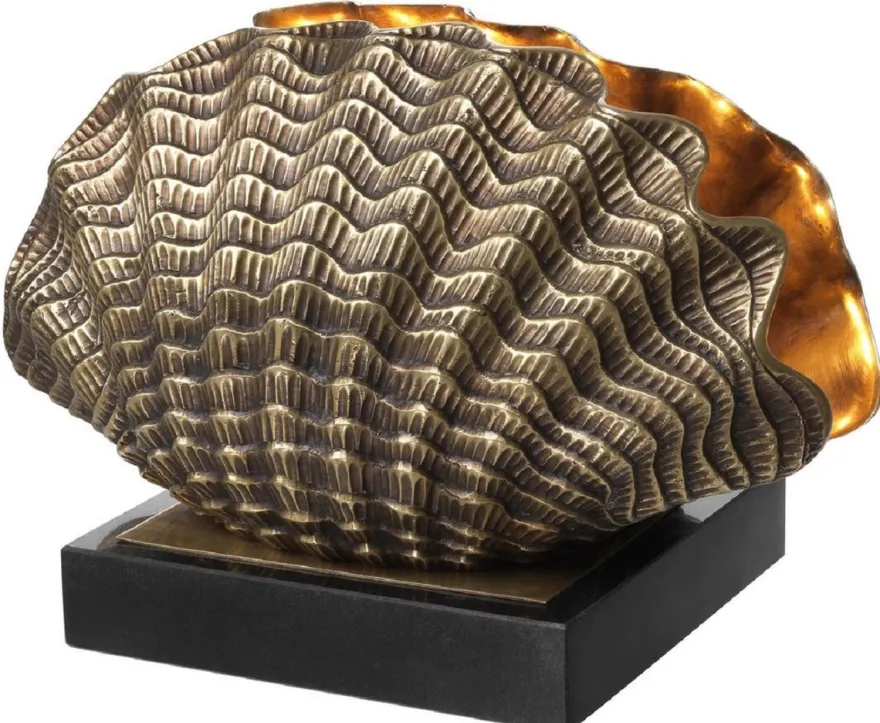 Casa Padrino Luxus Tischleuchte in Muschelform Vintage Messing / Schwarz 33 x 21 x H. 22 cm - Tischlampe mit Granitsockel