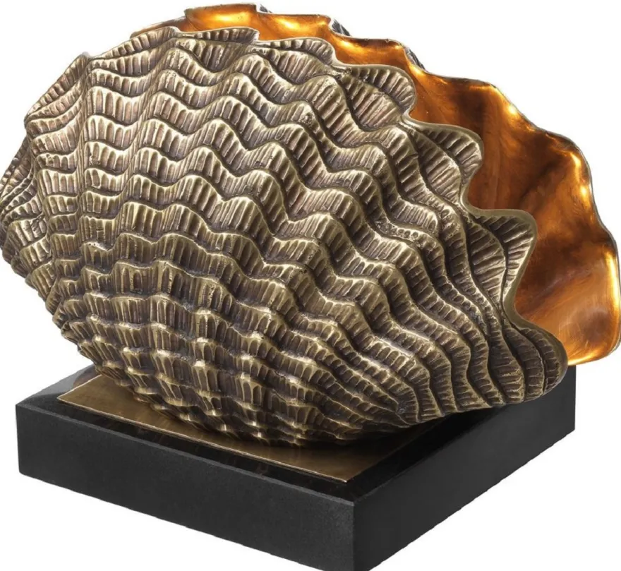 Casa Padrino Luxus Tischleuchte in Muschelform Vintage Messing / Schwarz 33 x 21 x H. 22 cm - Tischlampe mit Granitsockel