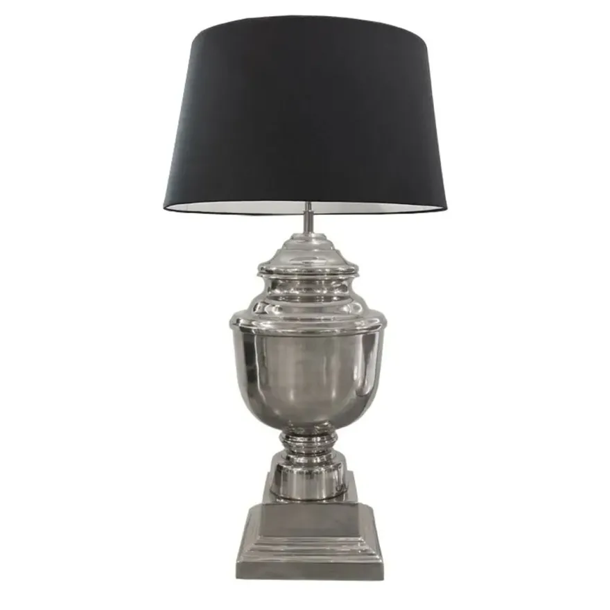 Casa Padrino Luxus Tischleuchte Silber / Schwarz Ø 34 x H. 66 cm - Aluminium Pokal Tischleuchte mit Lampenschirm