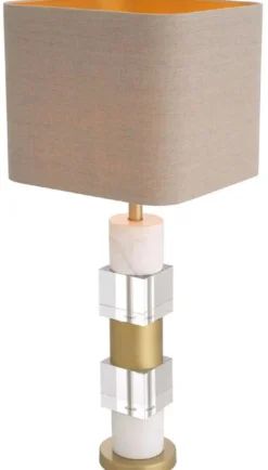 Casa Padrino Luxus Tischleuchte Antik Messingfarben / Weiß / Beige 35 x 35 x H. 87 cm - Schreibtischleuchte mit Marmor und Kristallglas - Luxus Qualität