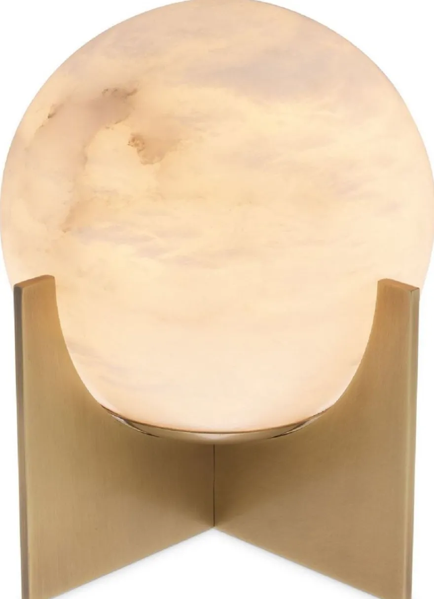 Casa Padrino Luxus Tischleuchte Antik Messing / Alabaster Ø 23 x H. 25 cm - Moderne Tischlampe mit rundem Alabaster Lampenschirm - Luxus Leuchten