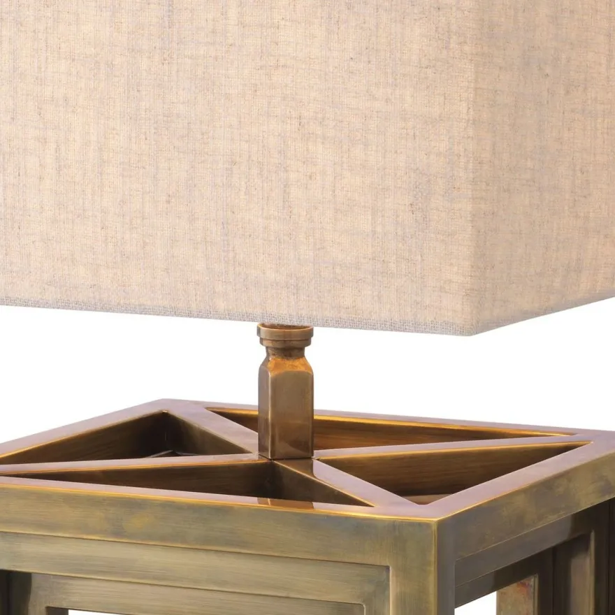 Casa Padrino Luxus Tischleuchte Vintage Messing / Beige 30 x 30 x H. 65,5 cm - Schreibtischleuchte mit quadratischem Lampenschirm - Luxus Tischleuchten - Luxus Schreibtischleuchten