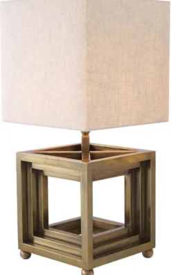 Casa Padrino Luxus Tischleuchte Vintage Messing / Beige 30 x 30 x H. 65,5 cm - Schreibtischleuchte mit quadratischem Lampenschirm - Luxus Tischleuchten - Luxus Schreibtischleuchten