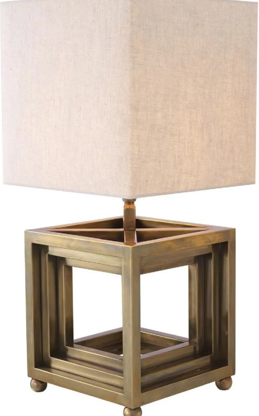 Casa Padrino Luxus Tischleuchte Vintage Messing / Beige 30 x 30 x H. 65,5 cm - Schreibtischleuchte mit quadratischem Lampenschirm - Luxus Tischleuchten - Luxus Schreibtischleuchten
