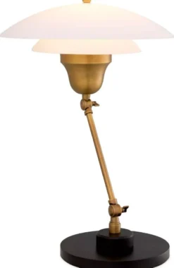 Casa Padrino Luxus Tischleuchte Antik Messing / Schwarz / Weiß Ø 42 x H. 55 cm - Verstellbare Schreibtschleuchte mit rundem Glas Lampenschirm - Luxus Leuchten - Luxus Möbel - Luxus Interior