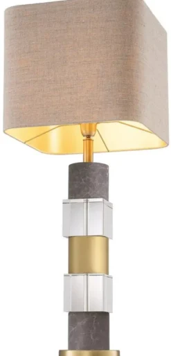 Casa Padrino Luxus Tischleuchte Antik Messingfarben / Grau / Beige 35 x 35 x H. 87 cm - Schreibtischleuchte mit Marmor und Kristallglas - Luxus Qualität