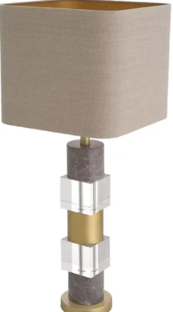 Casa Padrino Luxus Tischleuchte Antik Messingfarben / Grau / Beige 35 x 35 x H. 87 cm - Schreibtischleuchte mit Marmor und Kristallglas - Luxus Qualität
