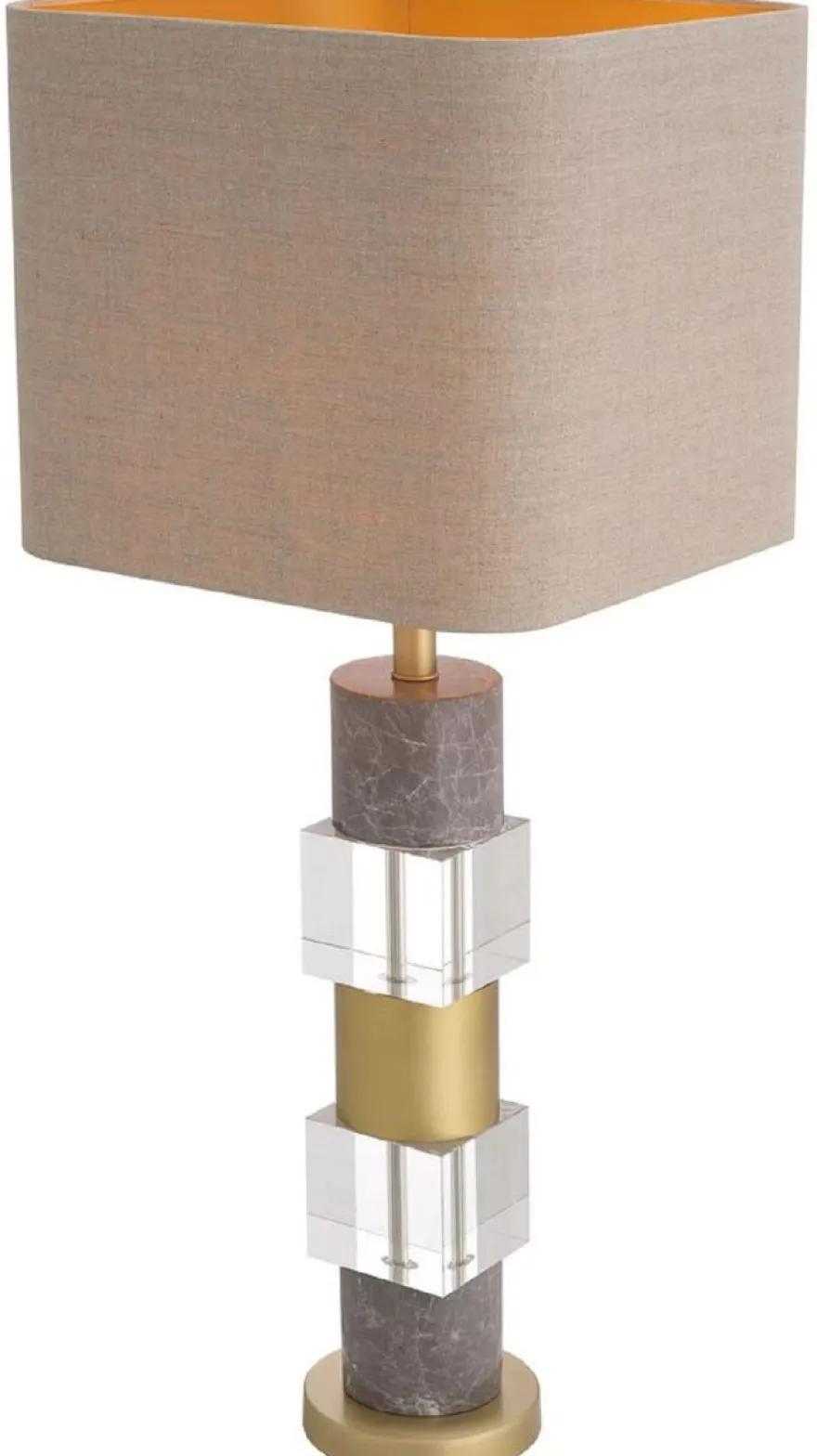 Casa Padrino Luxus Tischleuchte Antik Messingfarben / Grau / Beige 35 x 35 x H. 87 cm - Schreibtischleuchte mit Marmor und Kristallglas - Luxus Qualität
