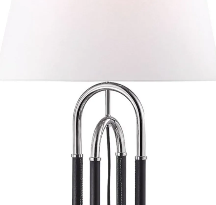 Casa Padrino Luxus Tischleuchte Silber / Schwarz / Weiß Ø 40,6 x H. 73,7 cm - Edle Metall Leuchte mit hochwertigem Leder und Leinen Lampenschirm - Luxus Qualität