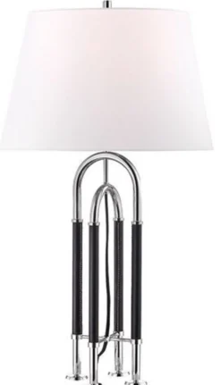 Casa Padrino Luxus Tischleuchte Silber / Schwarz / Weiß Ø 40,6 x H. 73,7 cm - Edle Metall Leuchte mit hochwertigem Leder und Leinen Lampenschirm - Luxus Qualität