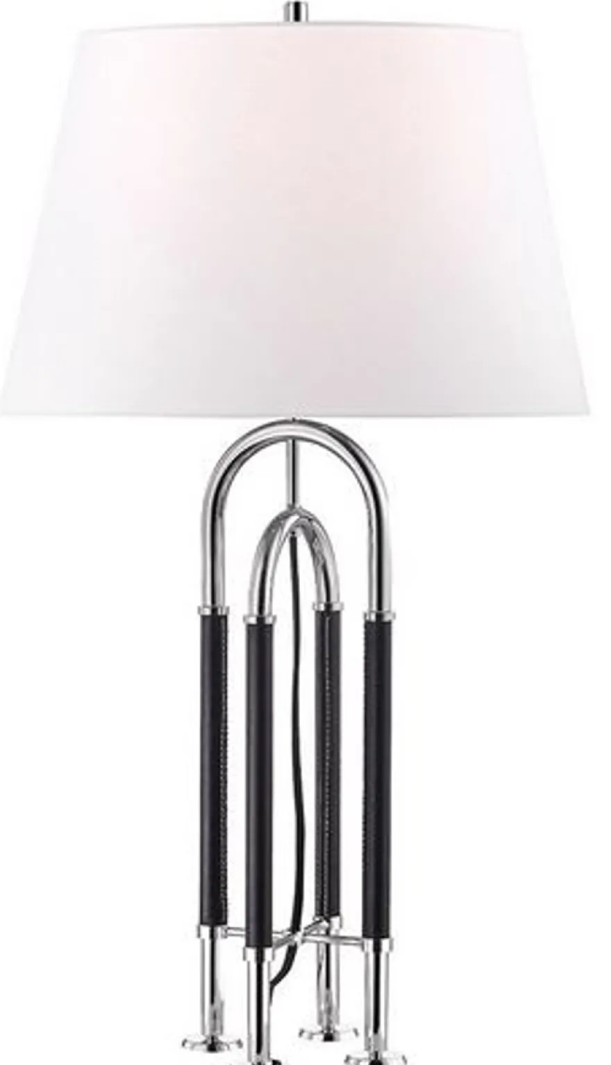 Casa Padrino Luxus Tischleuchte Silber / Schwarz / Weiß Ø 40,6 x H. 73,7 cm - Edle Metall Leuchte mit hochwertigem Leder und Leinen Lampenschirm - Luxus Qualität