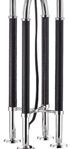 Casa Padrino Luxus Tischleuchte Silber / Schwarz / Weiß Ø 40,6 x H. 73,7 cm - Edle Metall Leuchte mit hochwertigem Leder und Leinen Lampenschirm - Luxus Qualität