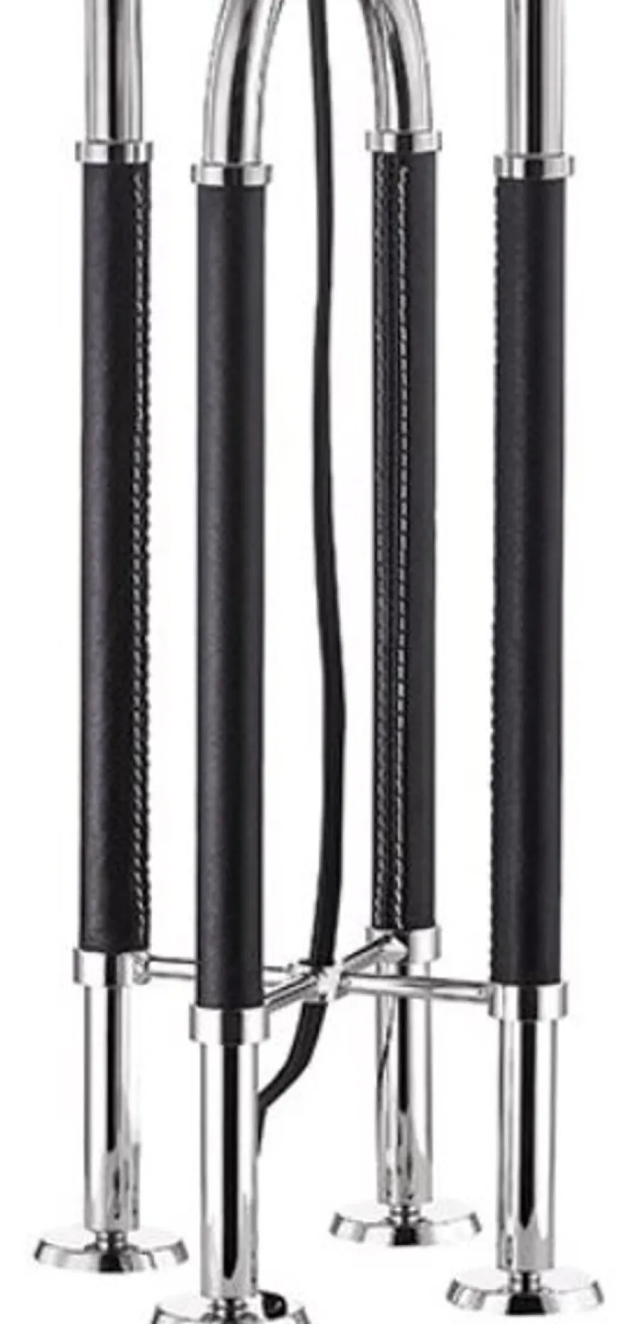 Casa Padrino Luxus Tischleuchte Silber / Schwarz / Weiß Ø 40,6 x H. 73,7 cm - Edle Metall Leuchte mit hochwertigem Leder und Leinen Lampenschirm - Luxus Qualität