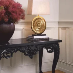 Casa Padrino Luxus Tischleuchte Antik Gold / Schwarz / Beige H. 67 cm - Schreibtischleuchte