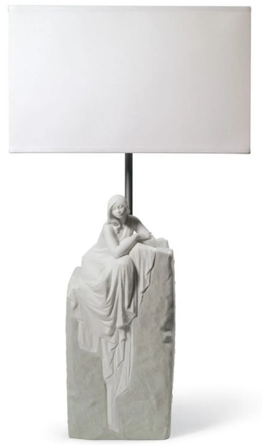 Casa Padrino Luxus Tischleuchte Grau / Weiß 30 x 20 x H. 57 cm - Designer Tischlampe mit hangefertigter Porzellan Skulptur einer meditierender Frau Mod1