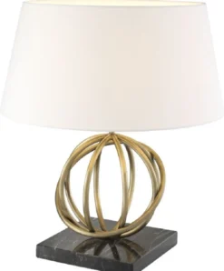 Casa Padrino Luxus Tischleuchte Antik Messing / Schwarz / Weiß Ø 50 x H. 57 cm - Messing Tischlampe mit Marmorsockel und rundem Lampenschirm