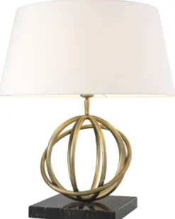 Casa Padrino Luxus Tischleuchte Antik Messing / Schwarz / Weiß Ø 50 x H. 57 cm - Messing Tischlampe mit Marmorsockel und rundem Lampenschirm